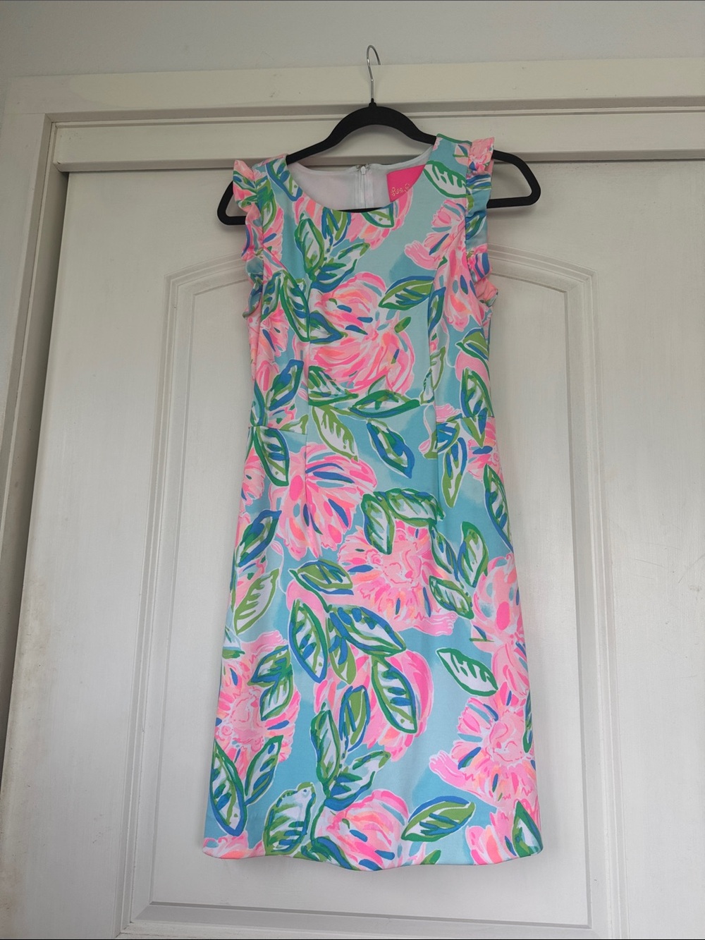 Lilly Pulitzer Pink & Aqua Floral Ruffle Sleeve Mini Dress. Size 2